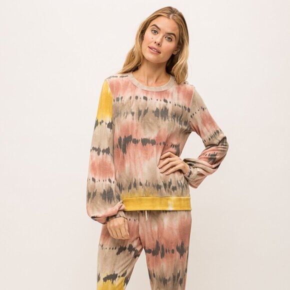 MYSTREE Boho Tie-Dye Long Sleeve Sweatshirt, Multicolor Pink Tan Yellow Pullover - Picture 3 of 8